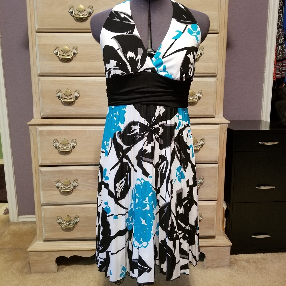 Speechless White Halter Neck Dress with Black & Turquoise Floral Pattern Size S